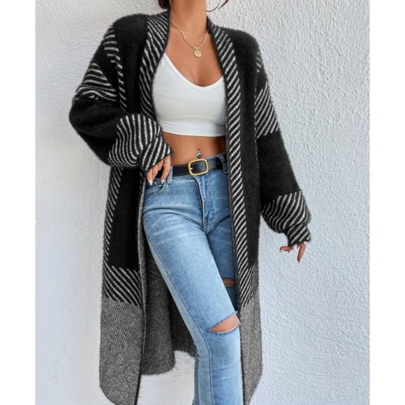 so soft comfy open front striped print fuzzy sweater knit duster cardigan black - Picture 5 of 6